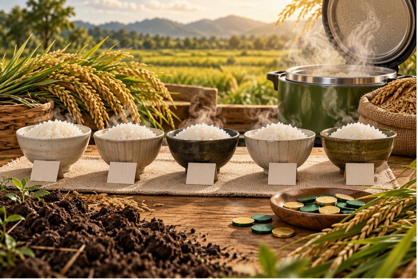 多碗白飯並排，前方是土壤與投票用的籌碼