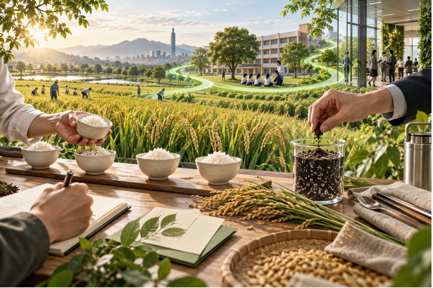稻田旁的品鑑桌上擺著多碗白飯與一杯土壤，遠方是城市與校園